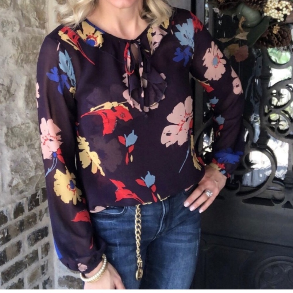 Cabi Juliet multi floral semi sheer popover blouse top 3859